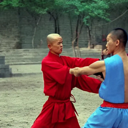 Prompt: film still from The 36th Chamber of Shaolin, Master Donald Trump fights Obama Killer