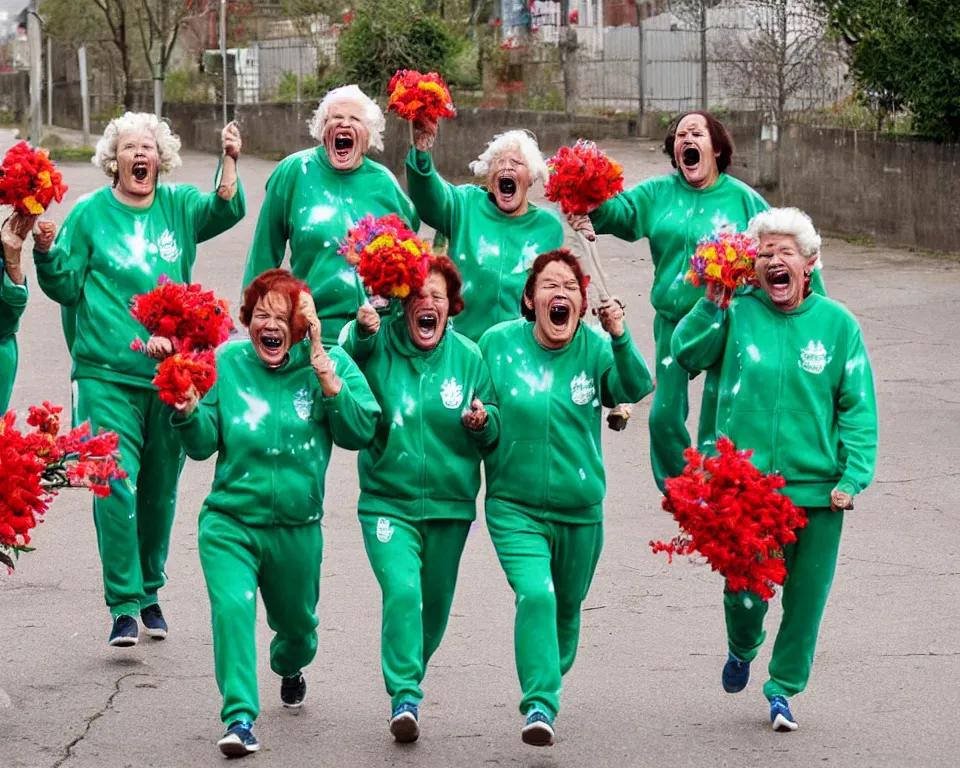 Image similar to a gang of old ladies waving steel machetes, and carrying flowers, and wearing green Umbro track suits with red splatters laughing maniacally and screaming