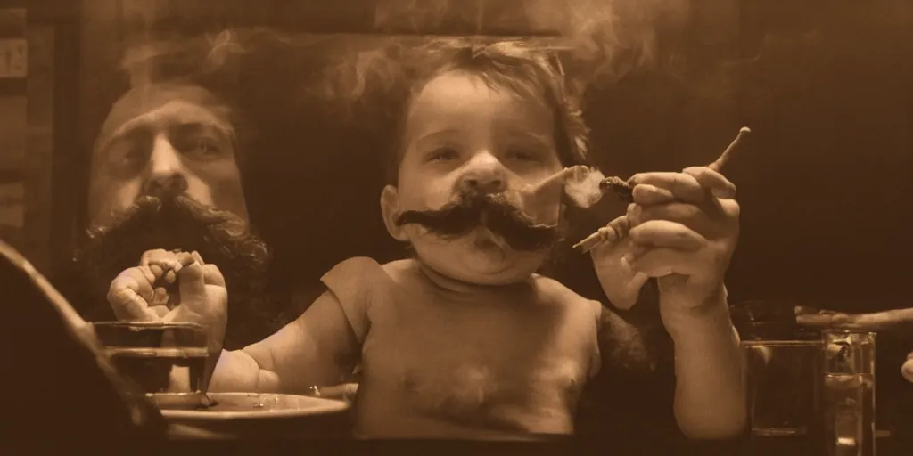 Prompt: a baby with a beard and mustache smoking a cigar in a bar, hyperrealism, cimetic, filmic