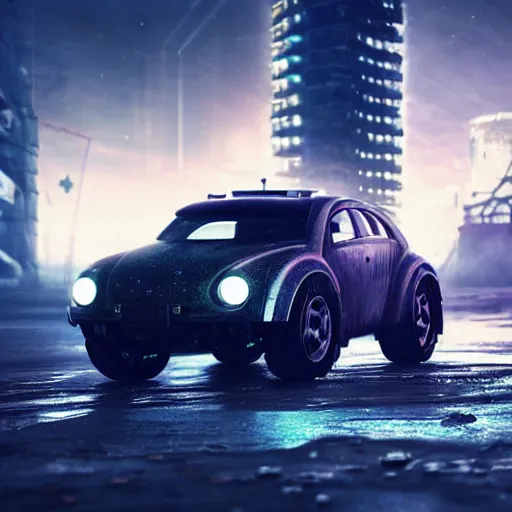 Image similar to Gritty futuristic cyberpunk VW W16 in a Russian cyberpunk slum city called Neo Norilsk on the Moon, at night, diverse, lively, Milky way on the sky, blinding sun, sci-fi photorealistic, grainy, 35mm, intricate, very very beautiful, elegant, smooth, cinematic, Unreal Engine 5, by Beeple, trending on Artstation HD