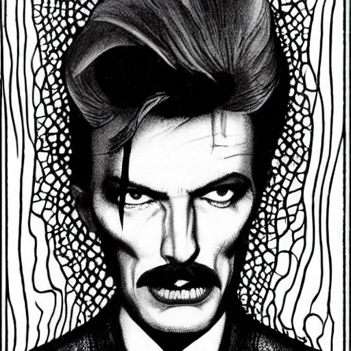 Image similar to black and white pen and ink!!!! Twin Peaks Black Lodge goetic vampire David Bowie x Frank Zappa handsome beard golden!!!! Vagabond!!!! floating magic swordsman!!!! glides through a beautiful!!!!!!! liquid magic floral crystal battlefield dramatic esoteric!!!!!! pen and ink!!!!! illustrated in high detail!!!!!!!! by Moebius and Hiroya Oku!!!!!!!!! graphic novel published on 2049 award winning!!!! full body portrait!!!!! action exposition manga panel black and white Shonen Jump issue by David Lynch eraserhead and beautiful line art Hirohiko Araki!!