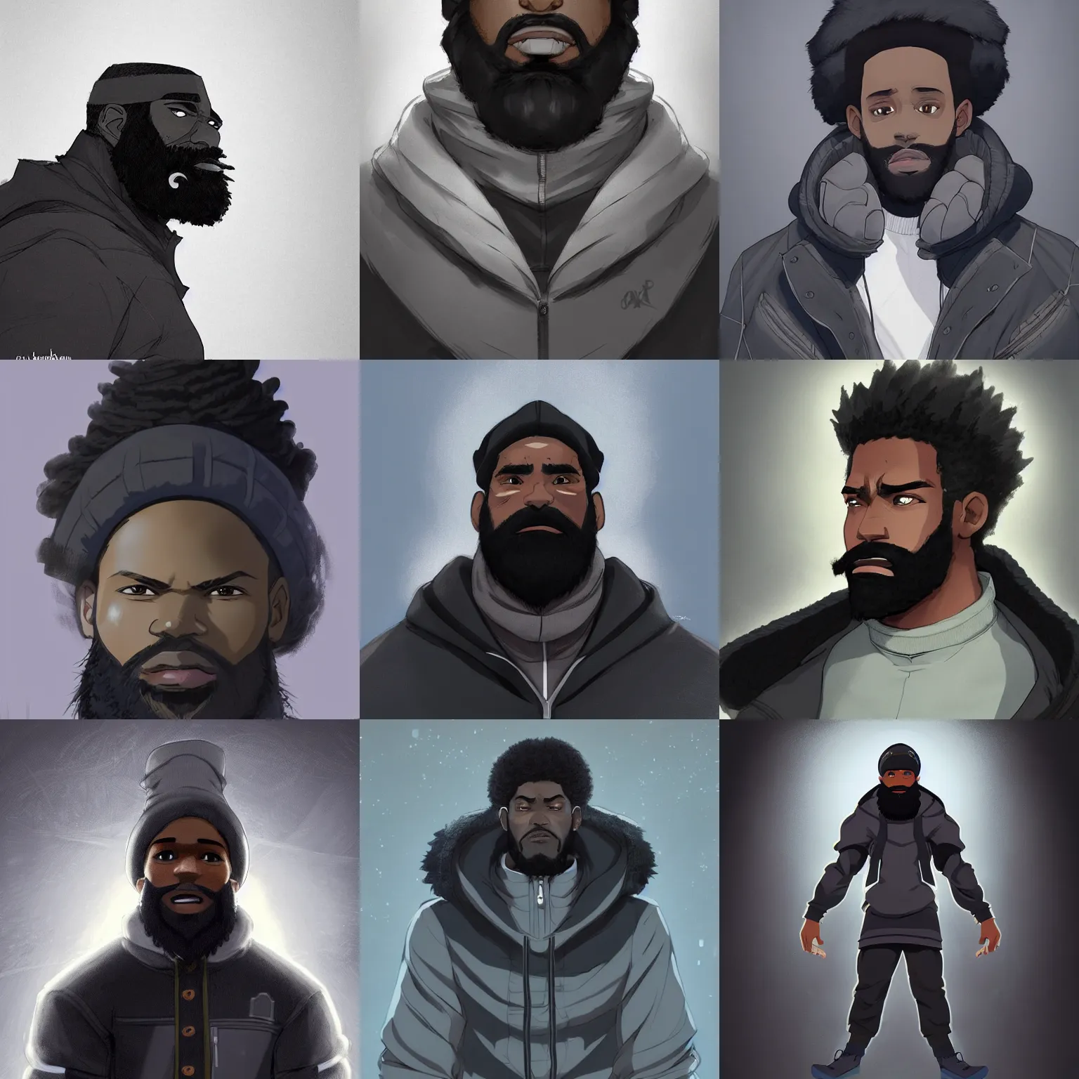 Prompt: concept art render of a handsome black athlete with a big beard wearing a dark gray durag and a black puffer winter coat, beautiful, fantasy, white background, cinematic lighting, artstation, trending, highly detailed, focus, smooth, by studio ghibli, rossdraws, hirohiko araki, conrad roset, yoshitaka amano