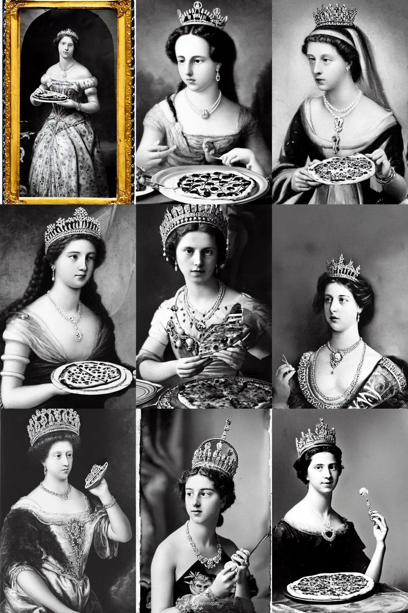 Prompt: a historical photo of young beautiful queen margherita of italy, eating a pizza margherita with her hands, intricate detailed tiara, pearl necklace, large cornicione, black and white photo, smooth lighting, masterpiece, perfect symmetry