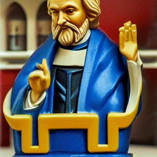 Image similar to Photograph of theologican John Calvin Happy Meal Toy figure made of plastic, 50 mm photo, McDonalds restaurant interior background