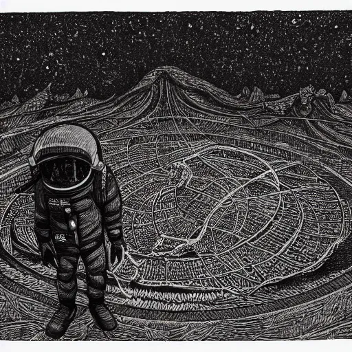 Image similar to highly detailed black work drawing of an astronaut on fire walking through a dystopian desert