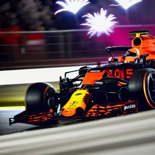 Image similar to close up portrait of max verstappen getting out of a mercedes f 1 car, dramatic shot, great photography, ambient light, night time, fireworks in the background