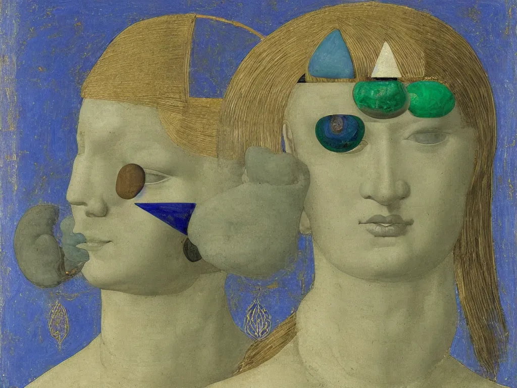 Image similar to portrait of a head in meditation with the third eye. lapis lazuli, malachite, turquoise, gold. painting by piero della francesca, balthus, agnes pelton