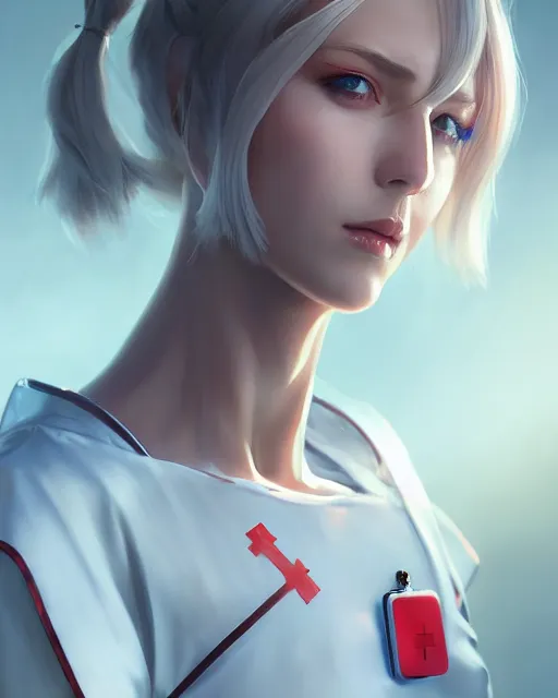 Prompt: beautiful nordic woman wearing futuristic nurse outfit, beautiful, detailed portrait, cell shaded, 4 k, concept art, by wlop, ilya kuvshinov, artgerm, krenz cushart, greg rutkowski, pixiv. cinematic dramatic atmosphere, sharp focus, volumetric lighting, cinematic lighting, studio quality