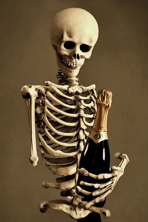 Prompt: a lady skeleton holding a bottle of champagne, high resolution film still, hdr color