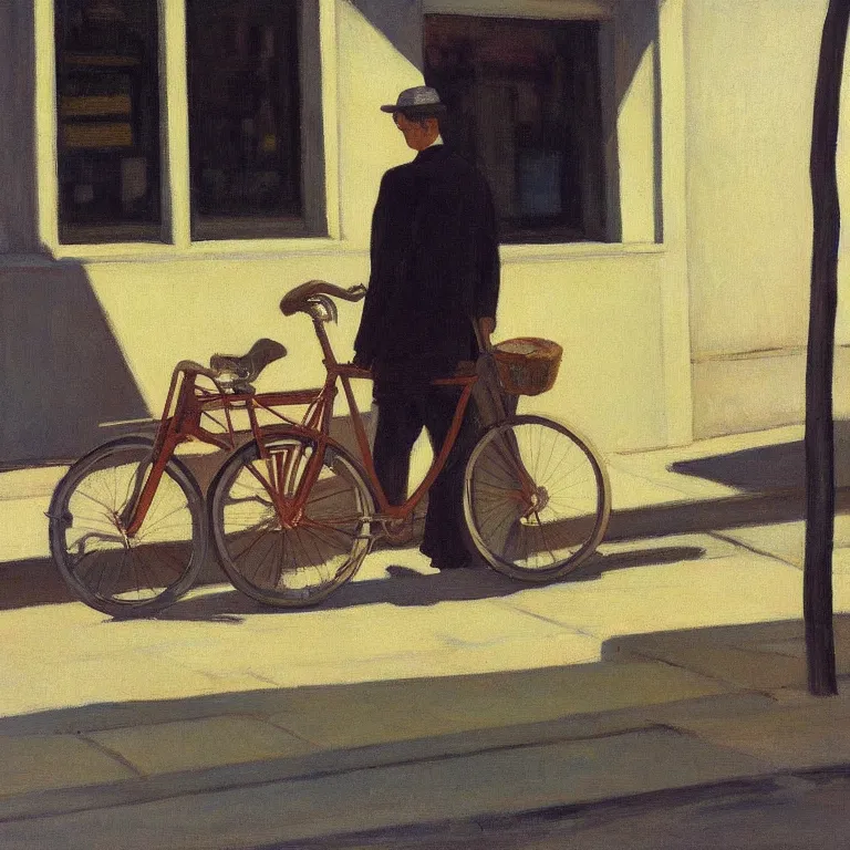 Image similar to a man with a bike resting in quiet town, painted by Edward Hopper, oil painting