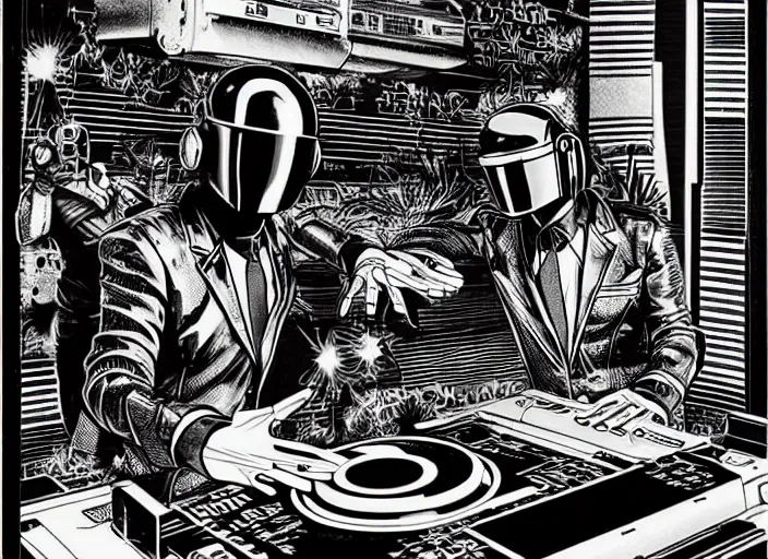 Prompt: daft punk, djing on turntables, cyberpunk 2 0 2 0 manual, by steampoweredmikej, by tim bradstreet, inktober, ink drawing, black and white, coloring pages, manga, highly detailed