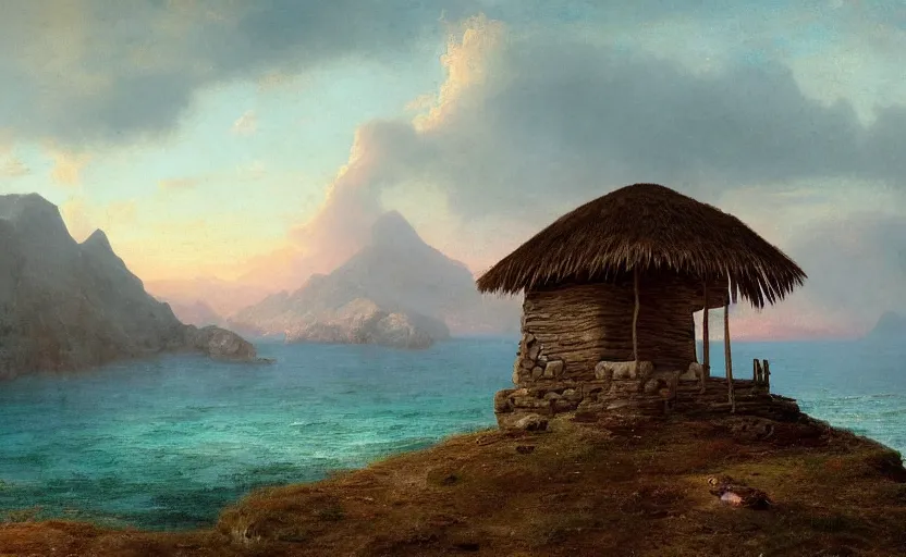 Prompt: small ancient times hut overlooking the ocean, close up shot, at dusk, distant mountains, 4k, rule of thirds, extreme detail, hazy water, intricate ink illustration, trending on artstation, cgsociety, hd, calm, complimentary colours, realistic lighting, by Albert Bierstadt, Frederic Edwin Church.