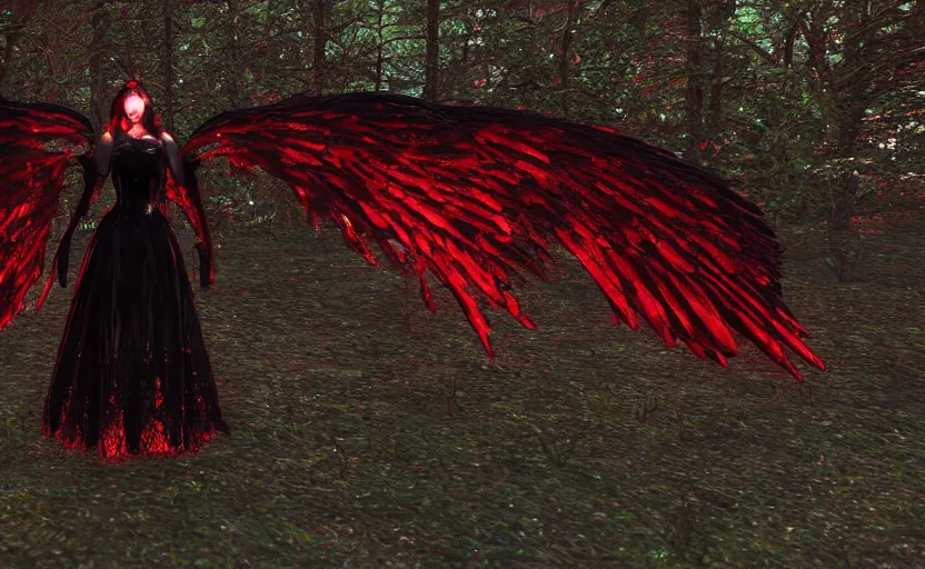 Prompt: Female dark angel in gothic red and black dress, their black wings are extended. She is in the bioluminescent forest. Horror scene, highly detailded. Bronze statue, unreal engine