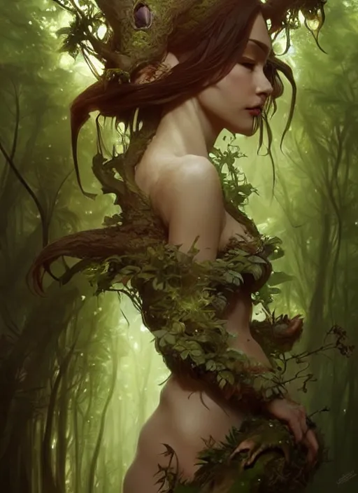 Image similar to a cute forest elemental, with fingers, fantasy, intricate, elegant, highly detailed, digital painting, artstation, concept art, wallpaper, smooth, sharp focus, illustration, art by artgerm and greg rutkowski and alphonse mucha