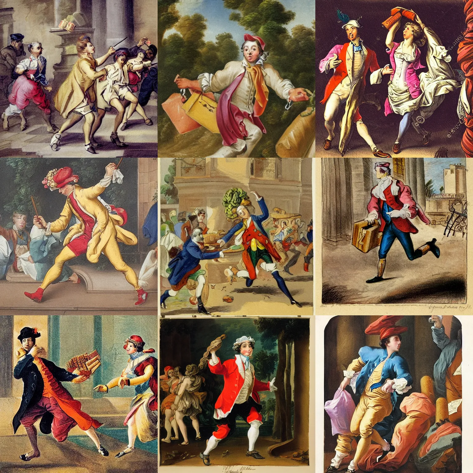 Prompt: French person struggling to hold several baguettes in paper bags while running from the French police, Rococo style, stylized, vibrant colors