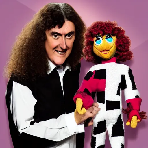 Image similar to weird al with a ventriloquist puppet of barney the dinosaur