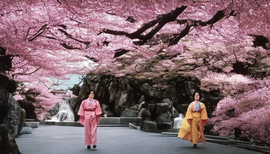 Prompt: movie still by alejandro jodorowsky of a beautiful day in kyoto japan, a girl wearing a gucci kimono is walking down the street, cherry blossoms and a waterfall, cinestill 8 0 0 t eastmancolor technicolor, high quality, very detailed, heavy grain, fine facial features, 8 k, octane render