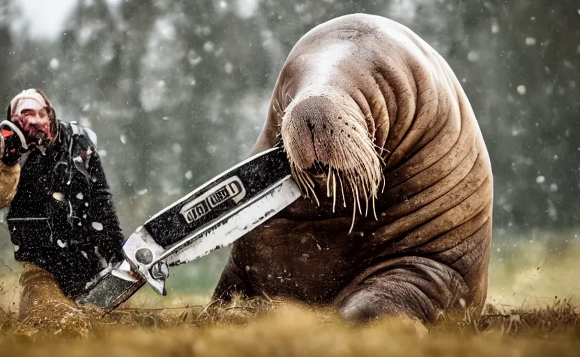Image similar to walrus holding a chainsaw, extremely detailed, high quality, 8 k, nature photography,