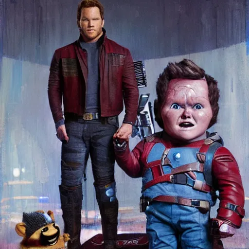 Prompt: the actor chris pratt as star lord sitting beside the doll chucky from child's play, inside a starship, oil painting, by greg rutkowski
