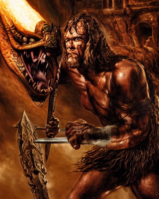 Image similar to closeup Photo of Conan the Barbarian fighting a dragon with a sword in a dungeon, rim lighting, octane, Edgar Rice Burroughs,