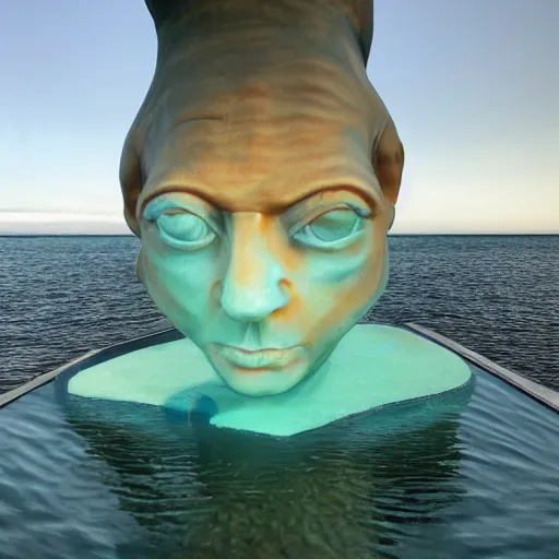 Prompt: a sculpture made out of water in the shape of a human head, on the ocean water, water manipulation, cinematic, in the style of johnson tsang, long shot, hyper detailed, hyper realistic, ray tracing, 8 k resolution, sharp focus, realistic water, award winning