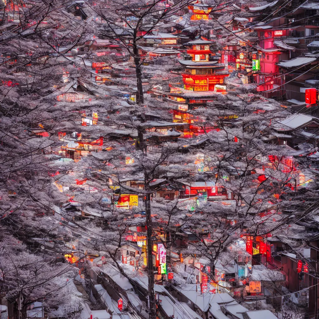 Image similar to a Japanese cyberpunk shrine, snowing, photograph,, sharp focus, intricate detail, drone shot, high resolution, 8k, neon streetlights, wires hanging down everywhere, Japan, colourful,,