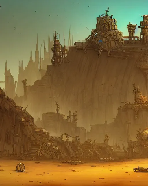 Prompt: city on horisont in the middle of endless desert dump from machinarium game, amanita design, artstation. dirty - metal warm colors