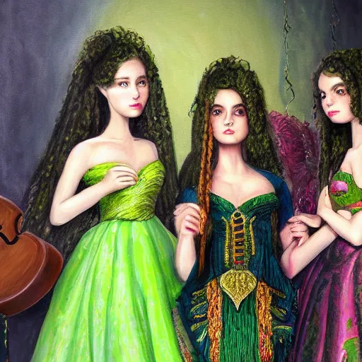 Image similar to a highly detailed painting. The musician Prince behind two beautiful twin sisters. He is green with jealousy. The sisters are happy and radiant. Trending on Artstation.