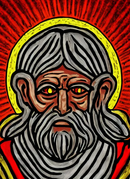 Image similar to old man with red eyes, infernal icon with halo, color art in church style 4 k