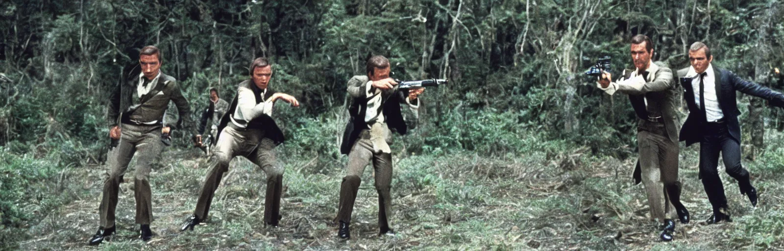 Image similar to two james bonds hide from each other in this still from the 1969 movie James Bond Battle Royale - art direction by moebius and jodorowsky hq production still technicolor