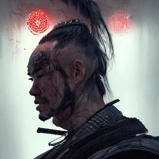 Image similar to Sickly diseased dying Samurai warrior, portrait by Cedric Peyravernay, highly detailed, excellent composition, cinematic concept art, dramatic lighting, trending on ArtStation