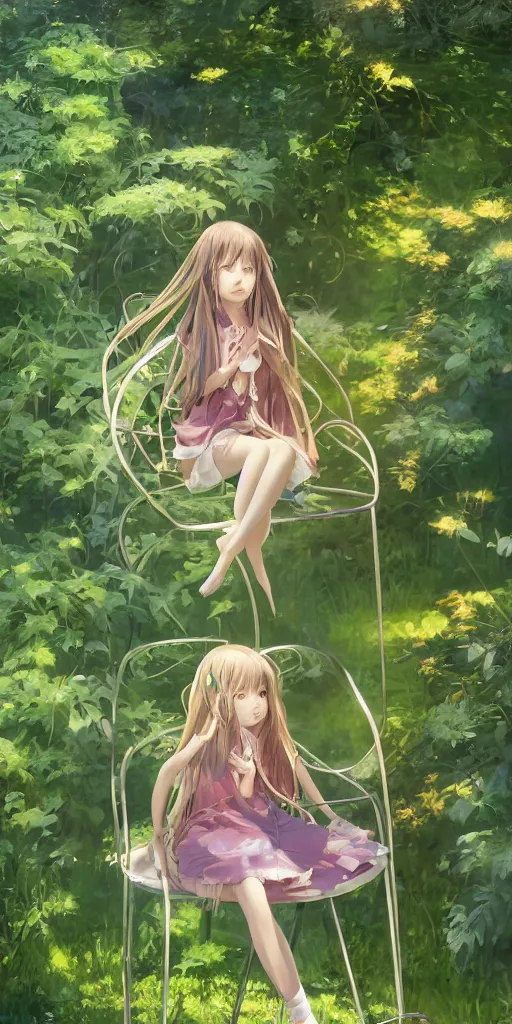 Image similar to a digital art of a loli with long hair in a dress sitting on a metal garden chair in the privet garden at afternoon, green and warm theme, back lighting, by akihito yoshida and greg rutkowski and makoto shinkai, extremely long shot, detailed eyes, 4 k resolution, trending on art station