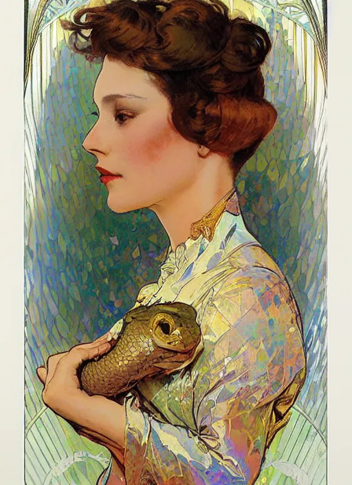 Image similar to an art nouveau copic maker holographic portrait of a woman holding a snake by john berkey by stanley artgerm lau, alphonse mucha, loish, norman rockwell