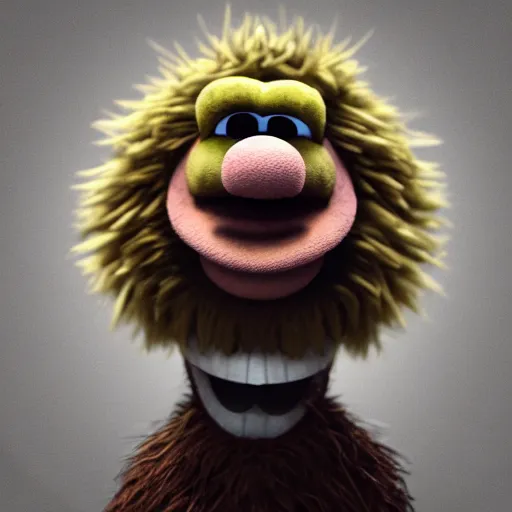 Image similar to a still of a forgotten muppet character looking very manly and modern, hilarious, laughing, hairy chest, huge chin, manly monster tough guy, roughled fur, photo real, photographic, photograph, artstation, trending, featured