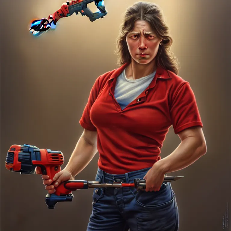 Image similar to epic portrait a slightly muscular woman wearing short sleeved uniform and carrying a red power tool drill, detailed, centered, digital painting, artstation, concept art, donato giancola, Joseph Christian Leyendecker, WLOP, Boris Vallejo, Breathtaking, 8k resolution, extremely detailed, beautiful, establishing shot, artistic, hyperrealistic, beautiful face, octane render