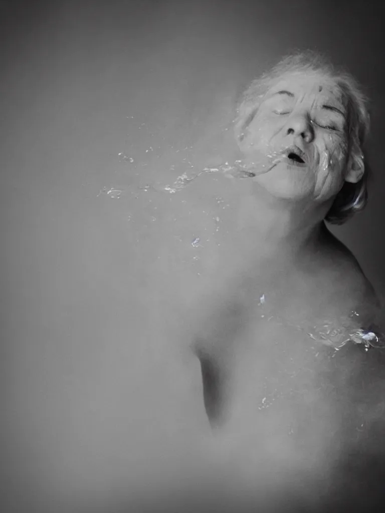 Prompt: analog photographic portrait with 5 0 mm lens and f / 1 2. 0 of a 6 5 years old woman woman with her eyes closed and spurting from her mouth a white viscous fluid floating in the air. with a slight variation of light in the liquid and gesture.