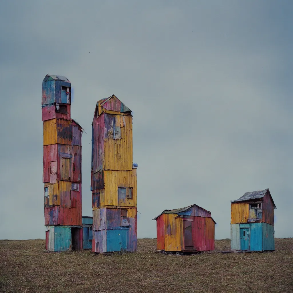 Image similar to two towers made up of colourful makeshift squatter shacks with faded colours, plain uniform sky at the back, soft focus, mamiya rb 6 7, f 1. 8, photographed by uta barth