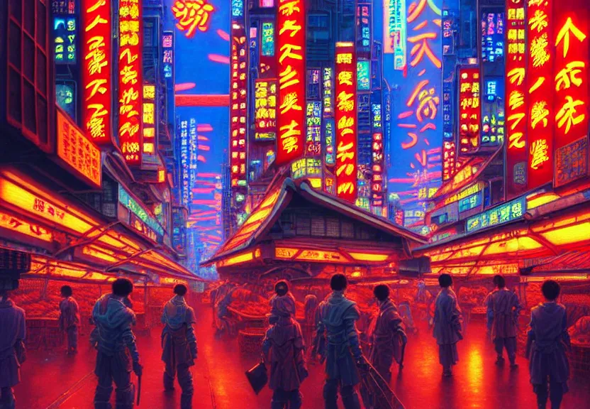 Prompt: market in japan, cyberpunk style, big mecha drone on first plan, bright neon signs, sunny weather, tim hildebrandt, wayne barlowe, bruce pennington, donato giancola, larry elmore, oil on canvas, masterpiece, trending on artstation, featured on pixiv, cinematic composition, hyper - detailed, hd, hdr, 4 k, 8 k
