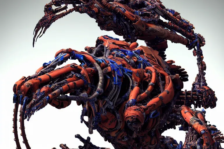 Image similar to portrait of a posed hyper detailed brown ultramarine burrower evangelion realistic mechanical and fleshy organic creature similar look as horizon forbidden west horizon zero dawn bioluminiscence in a dark deep forest at dawn in spring, west horizon zero dawn world, with reflection and textures, by kilian eng, substance painter reaslitic mech surface metal painted scratches