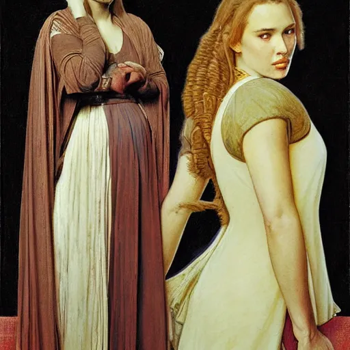 Prompt: portrait of natalie portman and scarlet johansson in star war movie by albrecht durer, jean delville, jan van by, da vinci, craig mullins, in the style of alphonse mucha