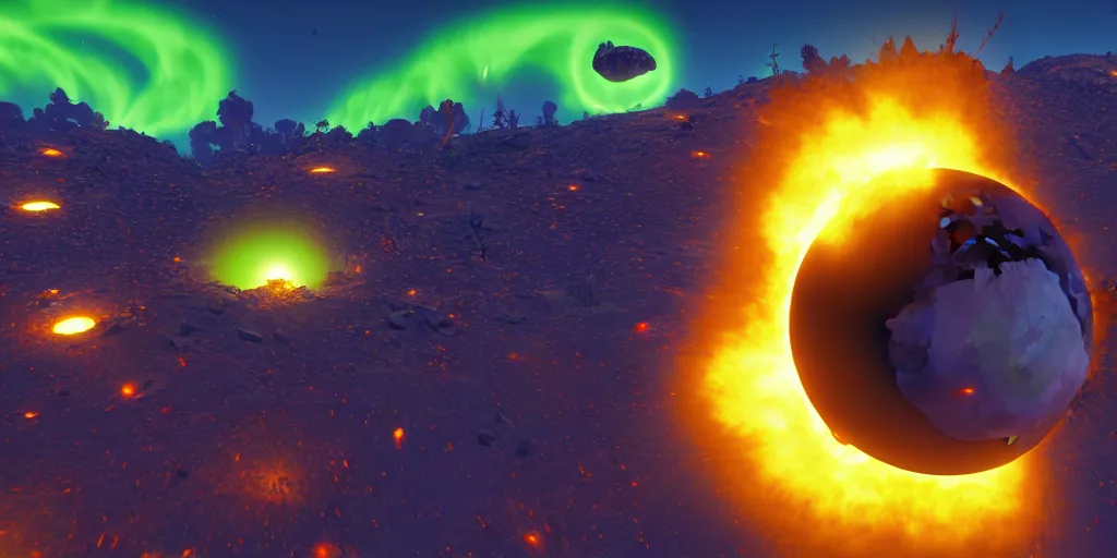 Image similar to earth being decimated by a solar storm, outer wilds screenshot, unreal engine, digital art, end of loop