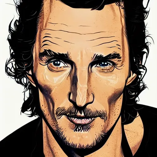 Image similar to a study of cell shaded portrait of matthew mcconaughey concept art, llustration, post grunge, concept art by josan gonzales and wlop, by james jean, Victo ngai, David Rubín, Mike Mignola, Laurie Greasley, highly detailed, sharp focus, alien, Trending on Artstation, HQ, deviantart, art by artgem