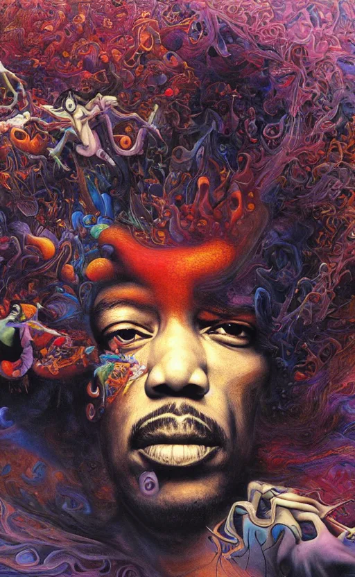 Prompt: ultrawide angle colour masterpiece surreal closeup portrait photography of jimi hendrix playing on stage by miho hirano and annie leibovitz and michael cheval, weird surreal epic psychedelic complex biomorphic 3 d fractal landscape in background by kilian eng and roger dean and salvador dali and beksinski, 8 k