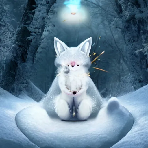 Image similar to hyper realistic snowfox in a fantasy movie casting a healing spell