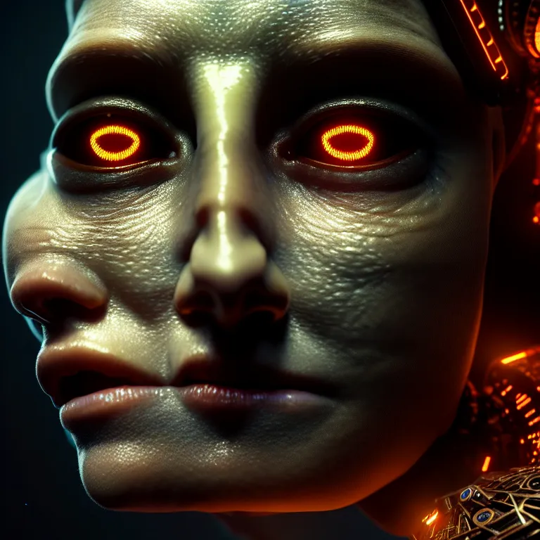 Image similar to ultra realistic beautiful cyborg deity eyes closed, fantasy, intricate details, movie still, highly detailed, photorealistic, octane render, eerie, 8k, art by raphael and michael welan