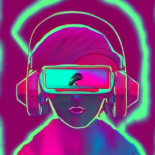 Image similar to vaporwave color scheme, cat wearing a vr headset, vaporwave poster illustration, artstation trending, pinterest