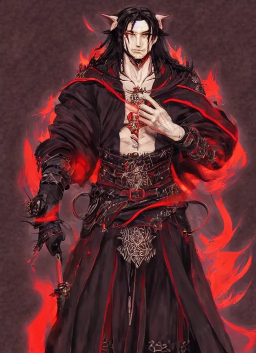 Image similar to Half body portrait of a handsome elf fire mage with long black hair wearing ornate scarlet robe, crazy grin, flame, anarchy. In style of Yoji Shinkawa and Hyung-tae Kim, trending on ArtStation, dark fantasy, great composition, concept art, highly detailed, dynamic pose.