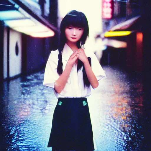 Prompt: 1990s perfect 8K HD professional cinematic photo of close-up japanese schoolgirl posing in alleyway with neon signs, at evening during rain, at instagram, Behance, Adobe Lightroom, with instagram filters, depth of field, taken with polaroid kodak portra