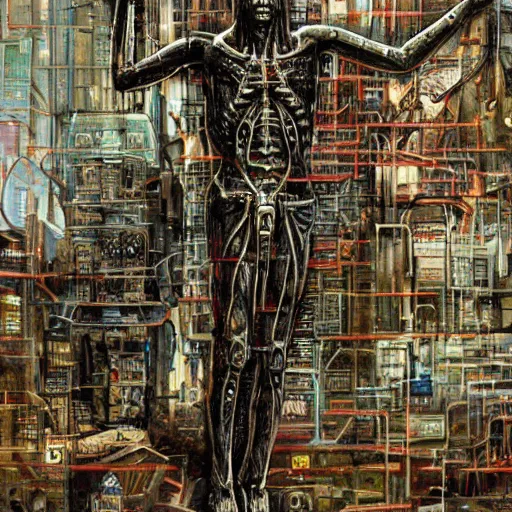 Image similar to a man crucified on a cybernetic sci - fi cross, full of computer elements and cables, symbolic, intricate, hyperdetailed, religious, painting, cyberpunk