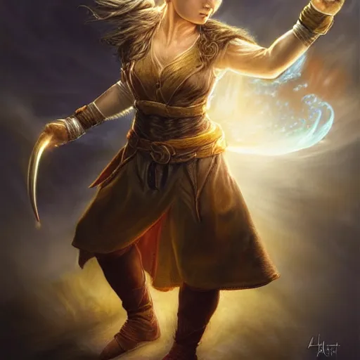 Image similar to full body portrait of a female halfling hobbit monk fistfighter warrior, hallucinating a holy vision of her goddess of mist and light, flowing robes and leather armor, detailed dynamic light painting by albrecht anker